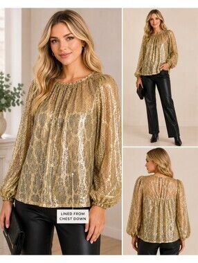 Show Me Your Mumu XS Gold Metallic Blouse Balloon Sleeve Party Holiday Top